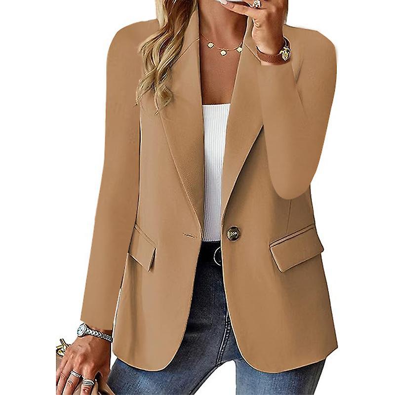 Handuo Women's Blazer Bussiness Casual Blazers Long Sleeve Button Down Blazer Jacket BROWN