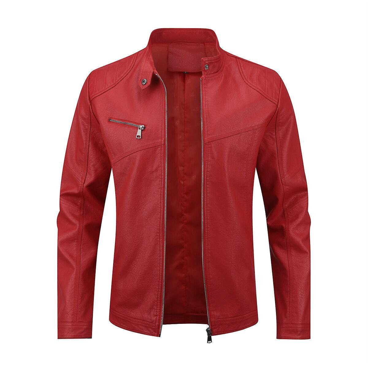 Sliktaa Mens Glossy Slim Fit Waterproof Leather Jacket Red M