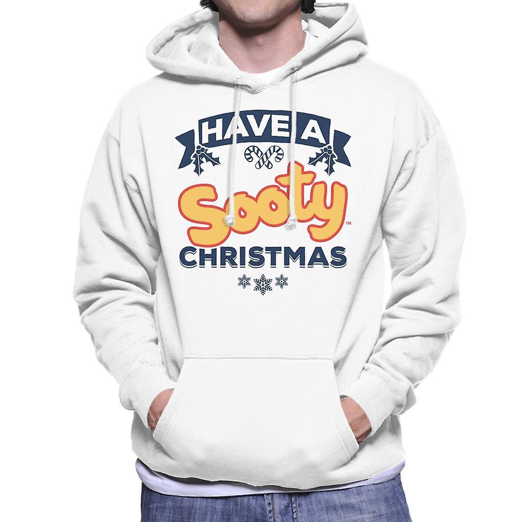 Sooty Christmas Have A Sooty Christmas Blue Banner Design Men's Hooded Sweatshirt White X-Large