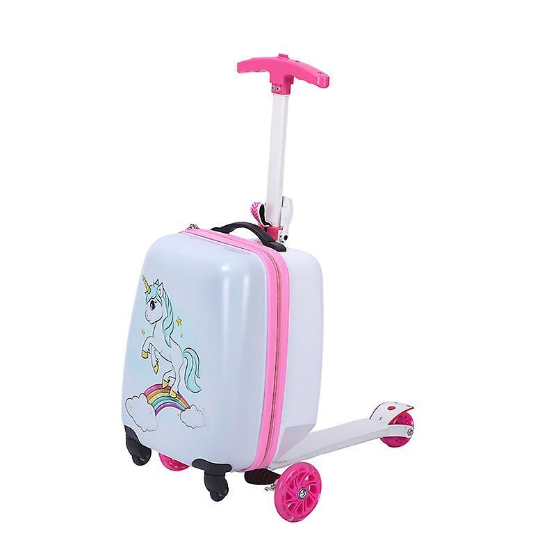 Redkid Kids Cartoon Scooter Luggage Travel Rolling Bag Skateboard Suitcase Bag For Children Luggage Ride Trolley Case Toy On Wheels Pink white