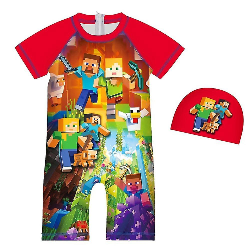 Mssugar Minecraft Print Kids Boys Swimwear Swimsuit One-piece Surfing Suit Swim Cap Set Red 6-7Years