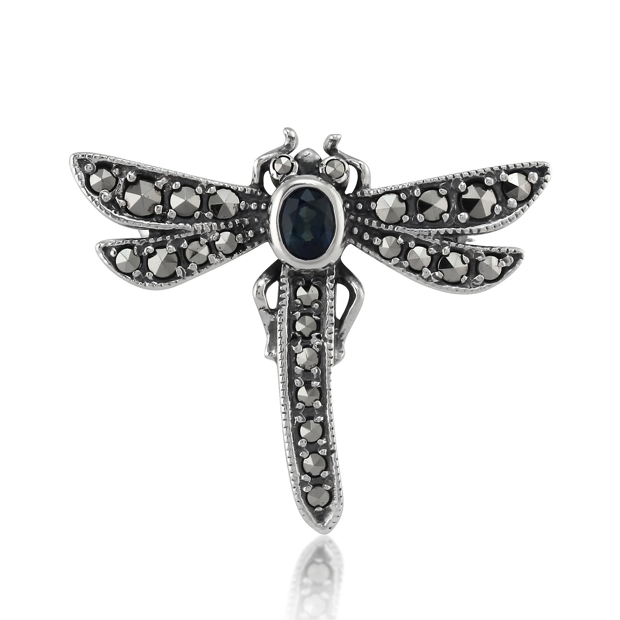 Gemondo Sterling Silver Art Nouveau Style Oval Marcasite & Sapphire Dragonfly Brooch 21881 One Size