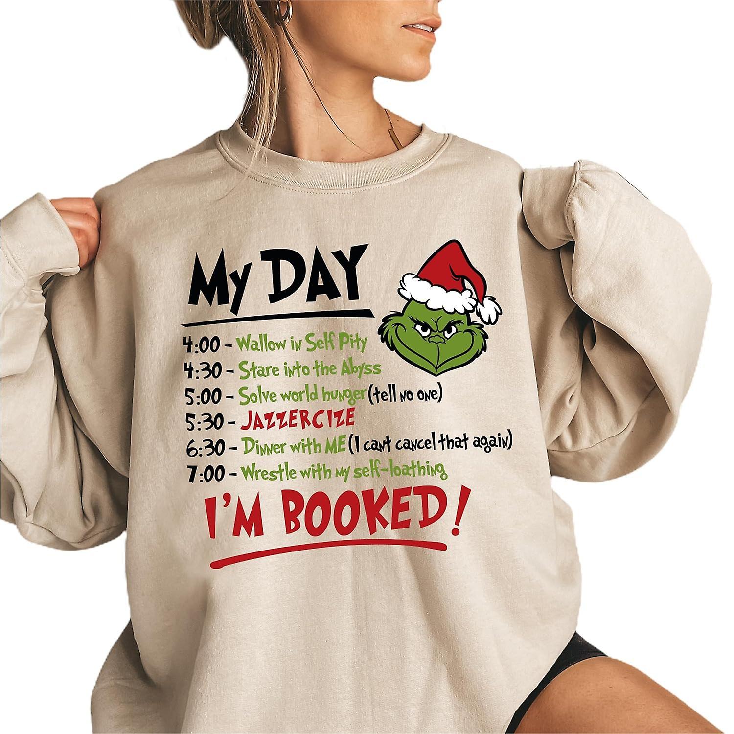 Waytogo Women Ladies Christmas Crew Neck Sweatshirt Grinch Printed Pullover Sweater Long Sleeve Green Monster Xmas Jumper Khaki L