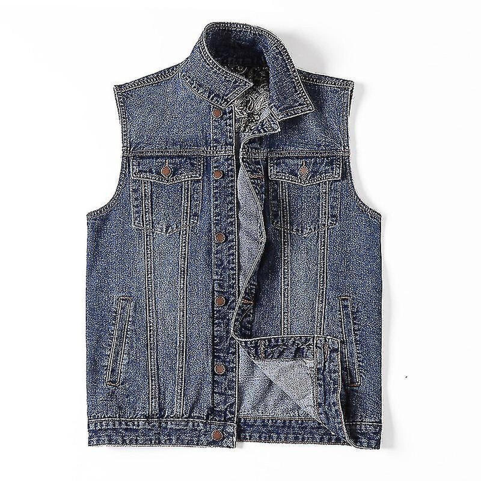 Newway Men Multi-pocket Solid Sleeveless Denim Jacket Hip Hop Slim Blue Black Cotton Casual Jeans Vests Waistcoats Plus Szie 6xl 7xl COLOR blue S