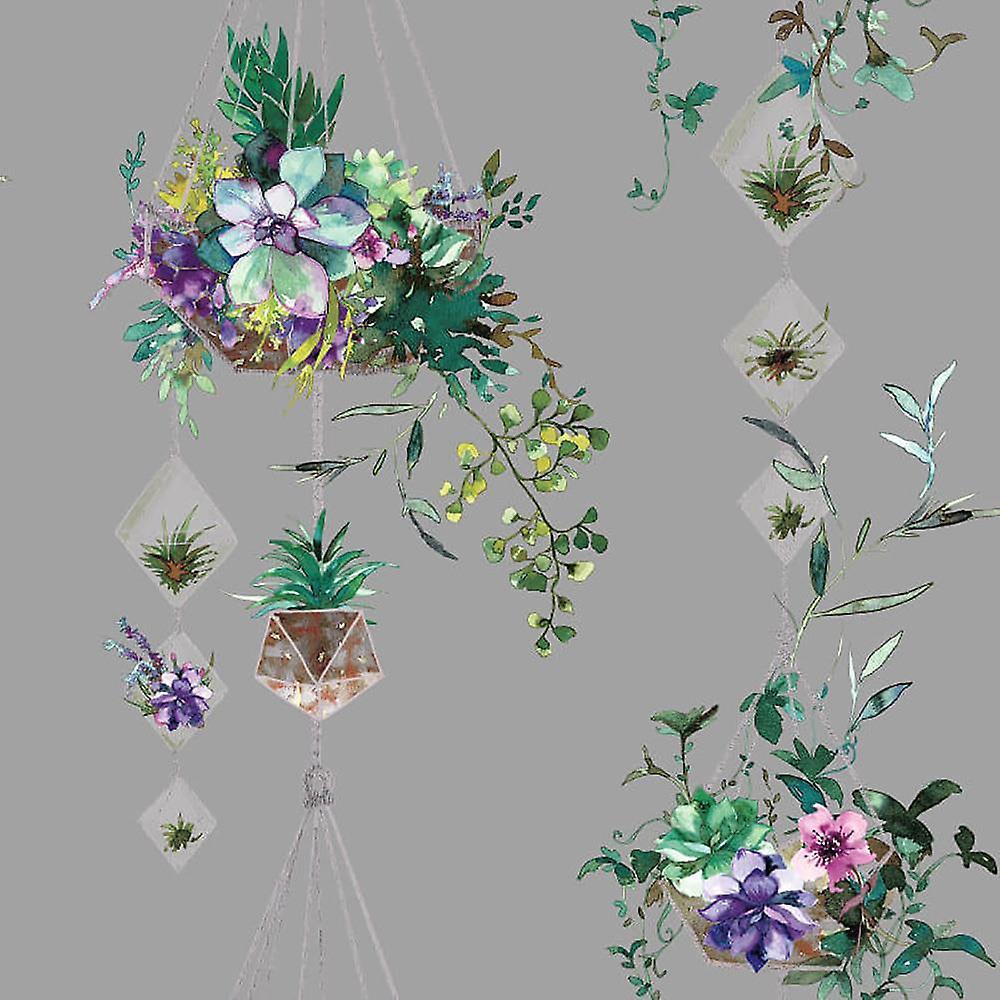 YöL Botanical Terrarium Wallpaper Floral Basket Metallic Teal White Grey Holden Grey - Full Roll