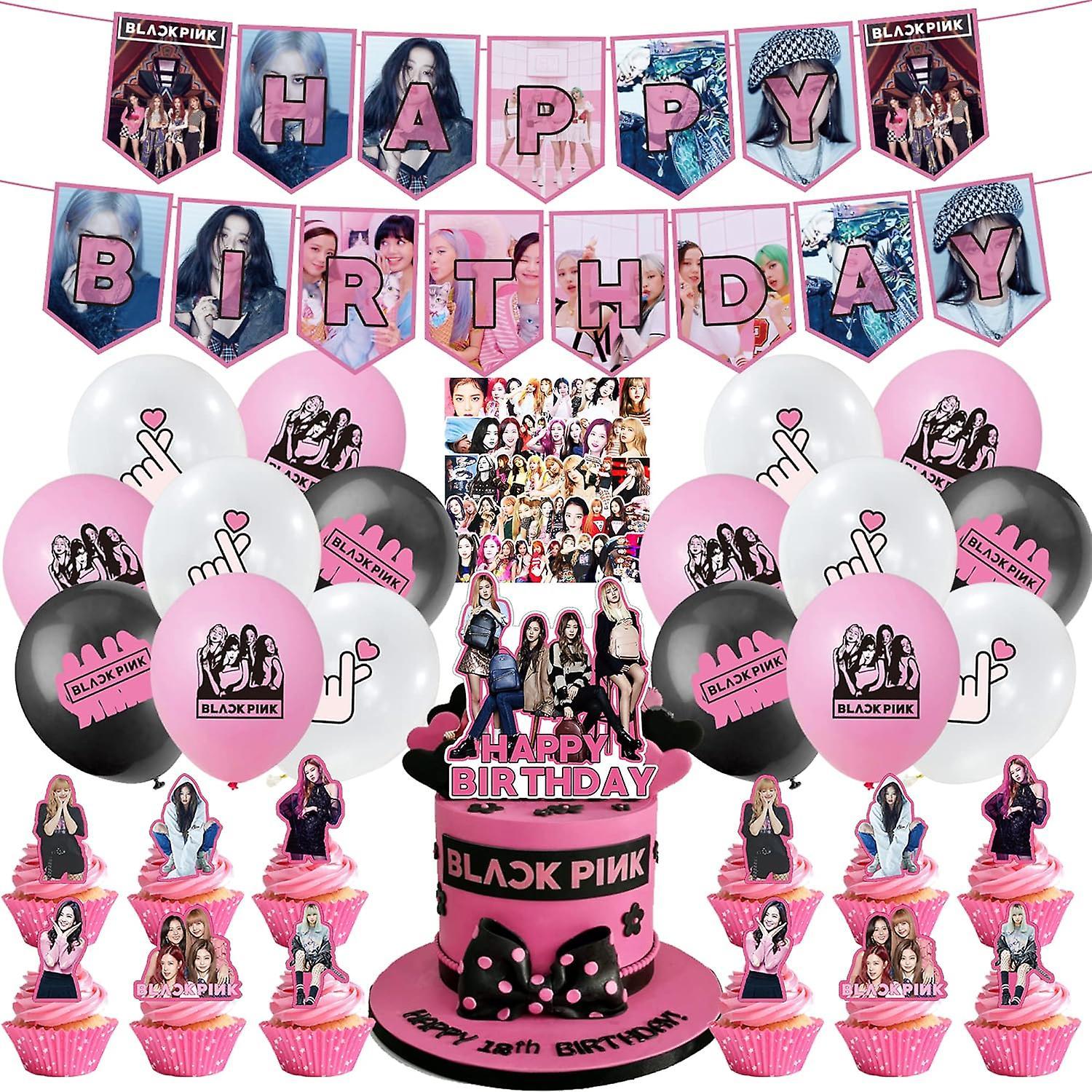 Heyone 102pcs Black Pink Birthday Decorations Black-pink Girls Party Supplies Include Birthday Banner, Cake Topper, Cupcake Toppers, Balloons, Stic...