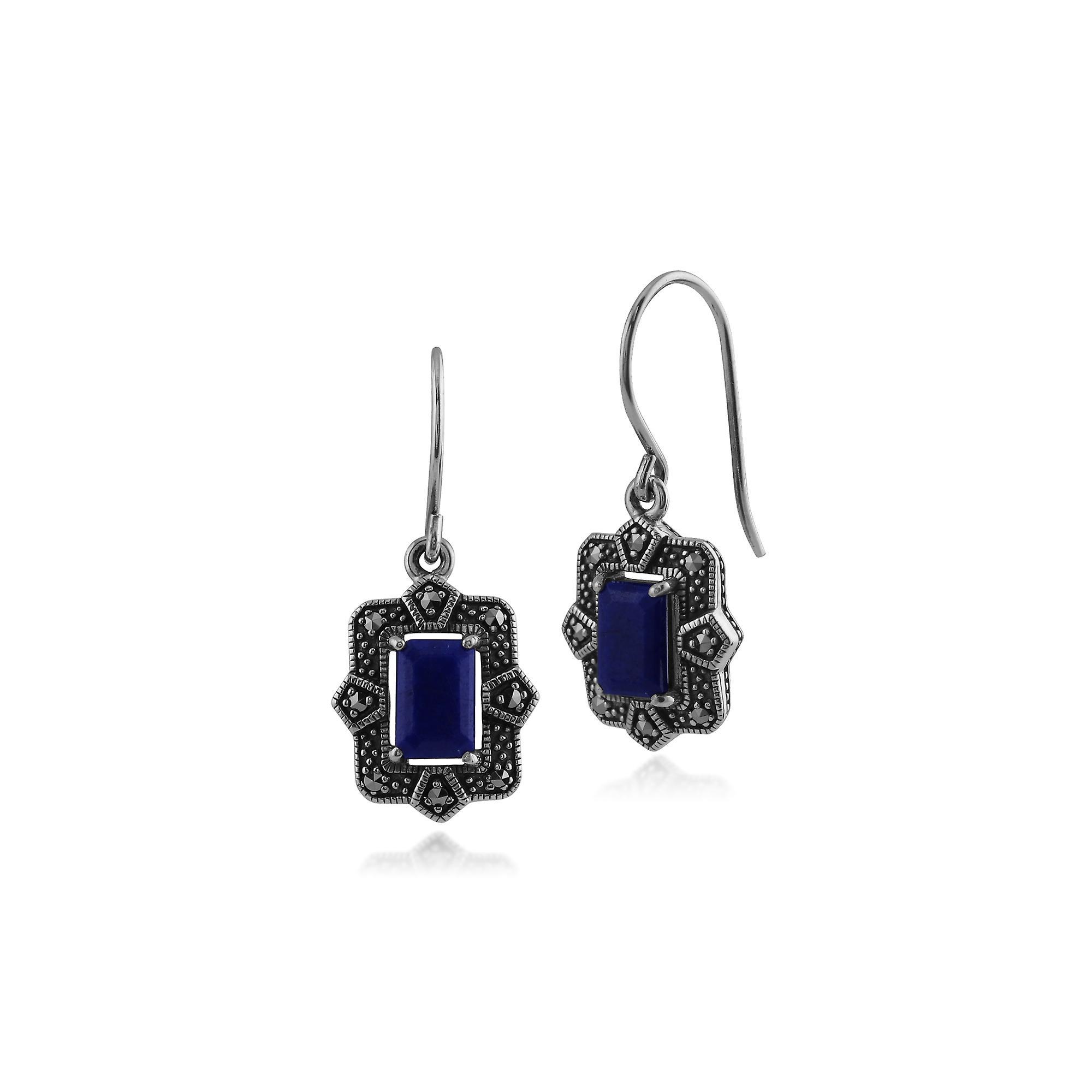 Gemondo Art Deco Style Octagon Lapis Lazuli & Marcasite Drop Earrings in 925 Sterling Silver 214E850303925 One Size