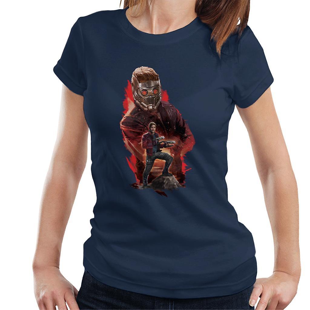 Marvel Guardians Of The Galaxy Vol 2 Star Lord Montage Women's T-Shirt Navy Blue Medium