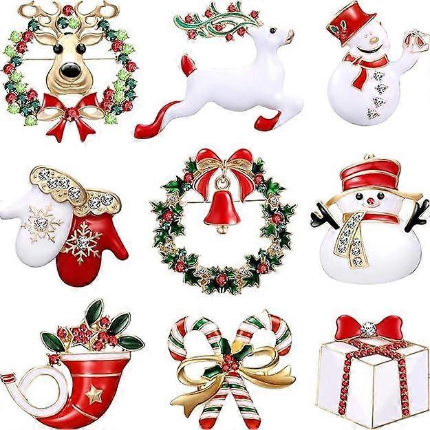 Tinor 9 Pieces Christmas Brooch Pins Set with Rhinestone, Enamel Pins Snowman Bells Christmas Trees Jewelry Pins for Xmas Decorations