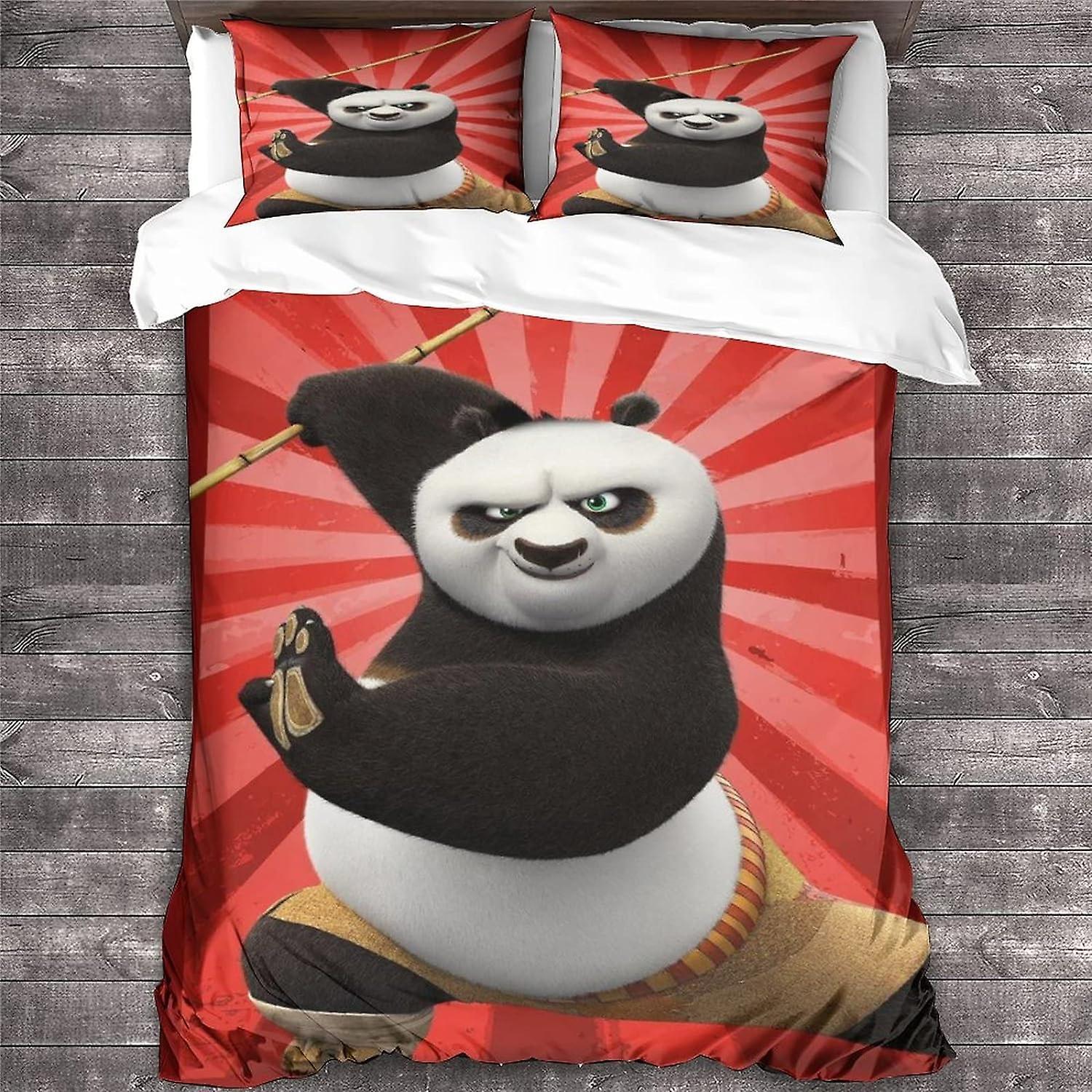 Kerota Kung Fu Panda Animation Print Microfiber Bedding Set, with Duvet Cover and Pillowcases, Suitable for Boys and Girls Single135x200cm