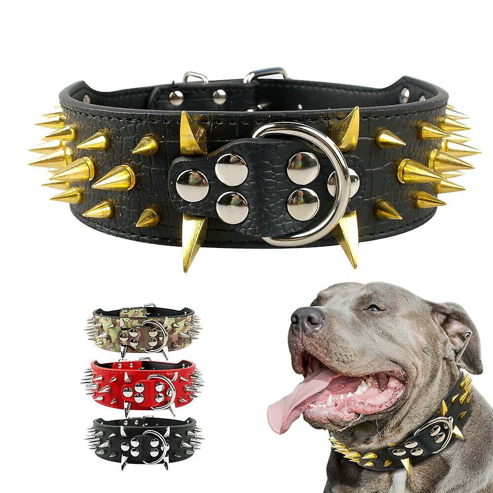 Didog 5cm Wide Cool Sharp Spiked Studded Leather Dog Collars for Pitbull Mastiff Black with golden spikes M:Neck for 17-20"