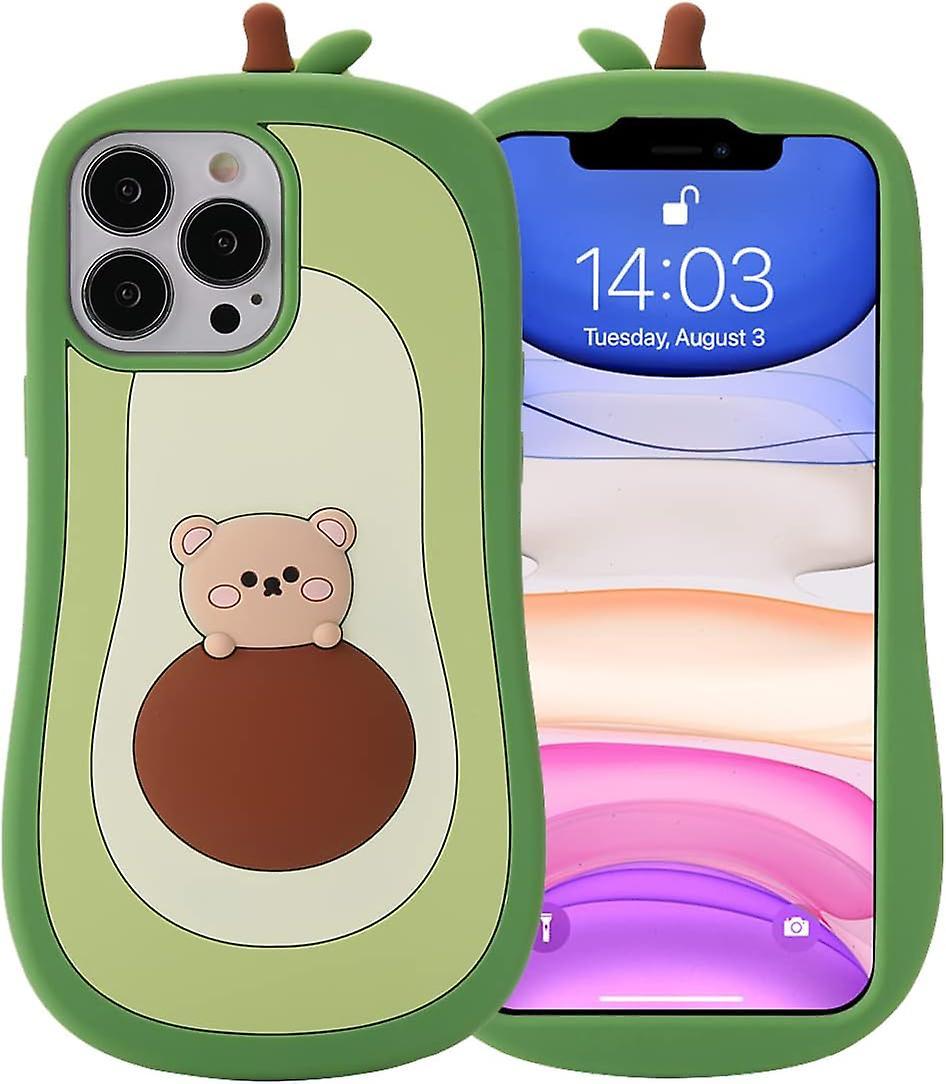 Liangnv Iphone 14 Pro Max Avocado Case,3d Cute Cartoon Kids Girls Women Kawaii Lovely Bear Avocado Shape Soft Silicone Case