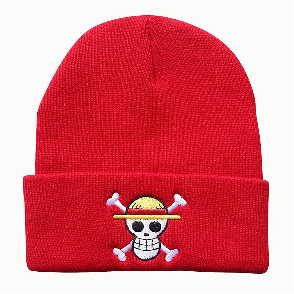 Manchalk One Piece Anime Pirate Straw Hat Pattern Beanies Hat For Men Women Unisex, Winter Warm Knitted Cuffed Cap Red