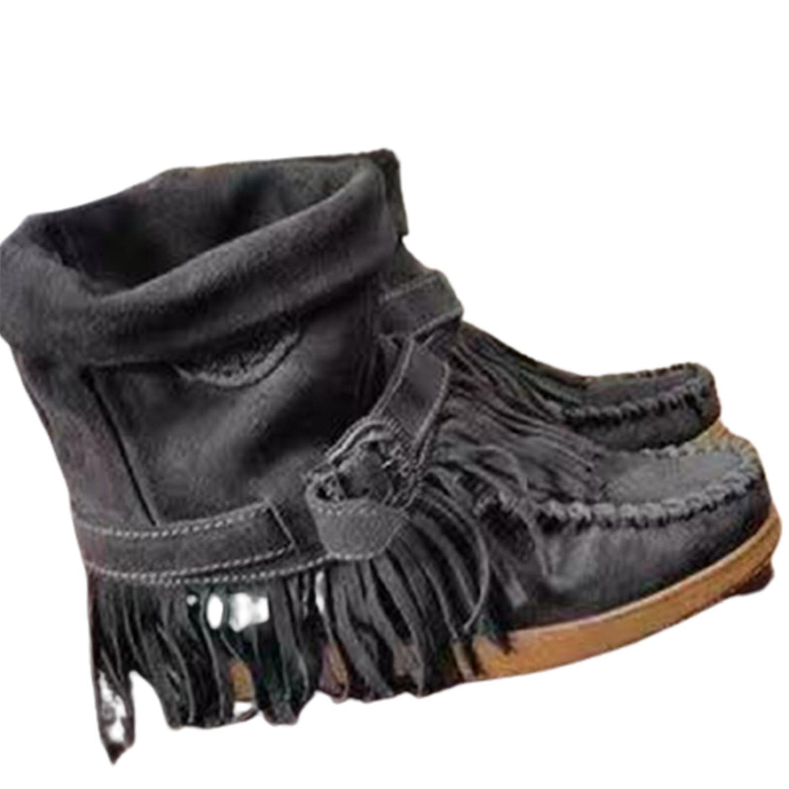 Sunset Women Suede Boots With Tassel Luxury Vintage Matte Shoes Non Slip Shoes Fashionable Black 38