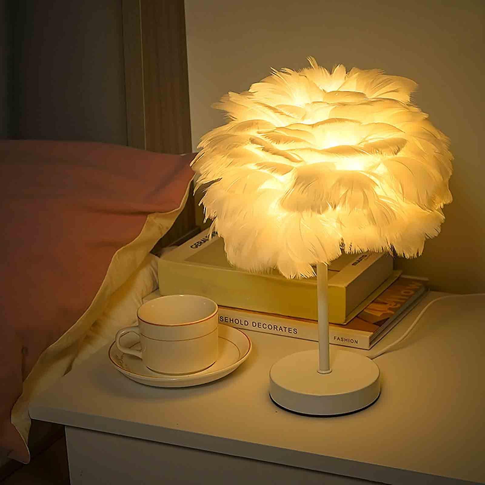 unbrand White Feather Table Lamp  Bedside Lamp With Wooden Base  Feather Table Lamp  Desk Lampshade For Bedroom  Home Decoration