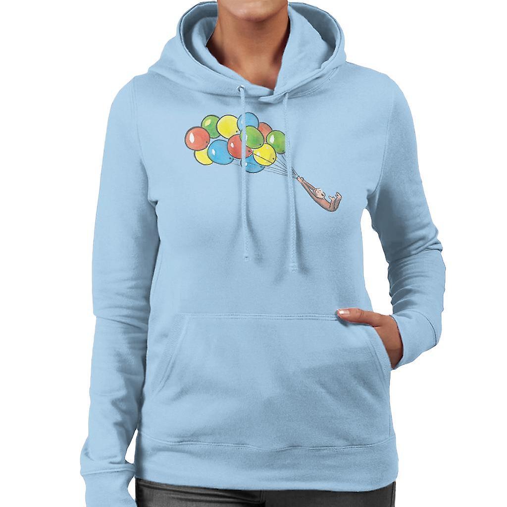 Curious George Balloon Flying Backwards Women's Hooded Sweatshirt Sky Blue Medium