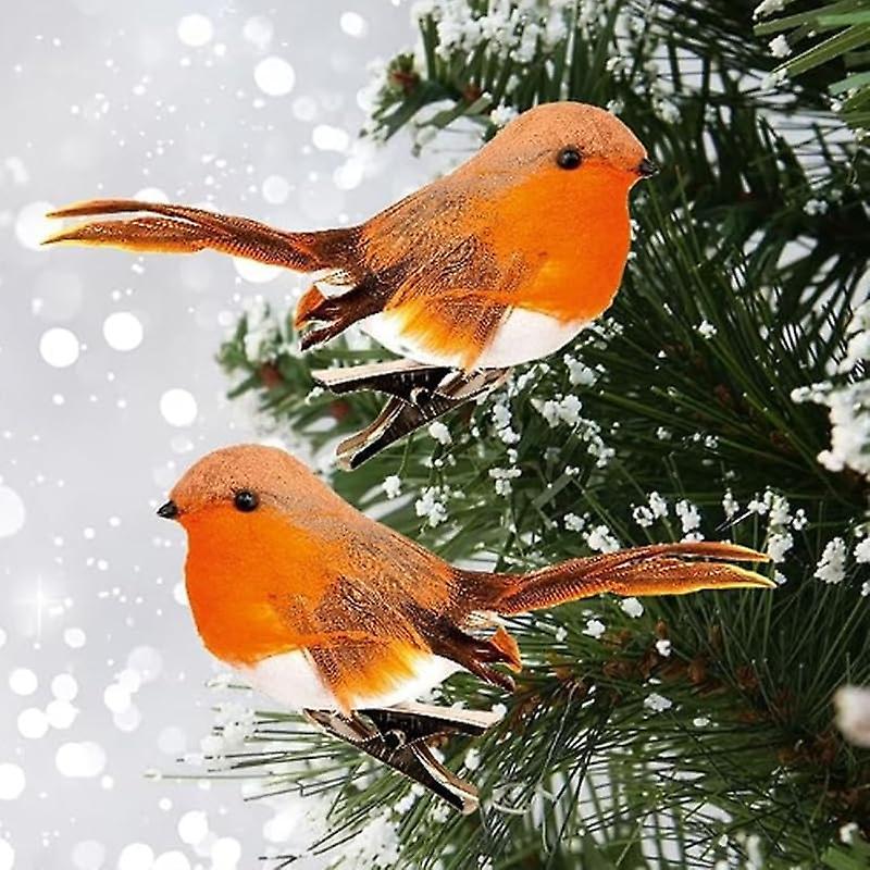 Frusde 10pcs Robin Bird Christmas Tree Decoration, Very Cute Artificial Feather Robin Bird Craft Clip On Christmas Robin Bird Decoration Orange