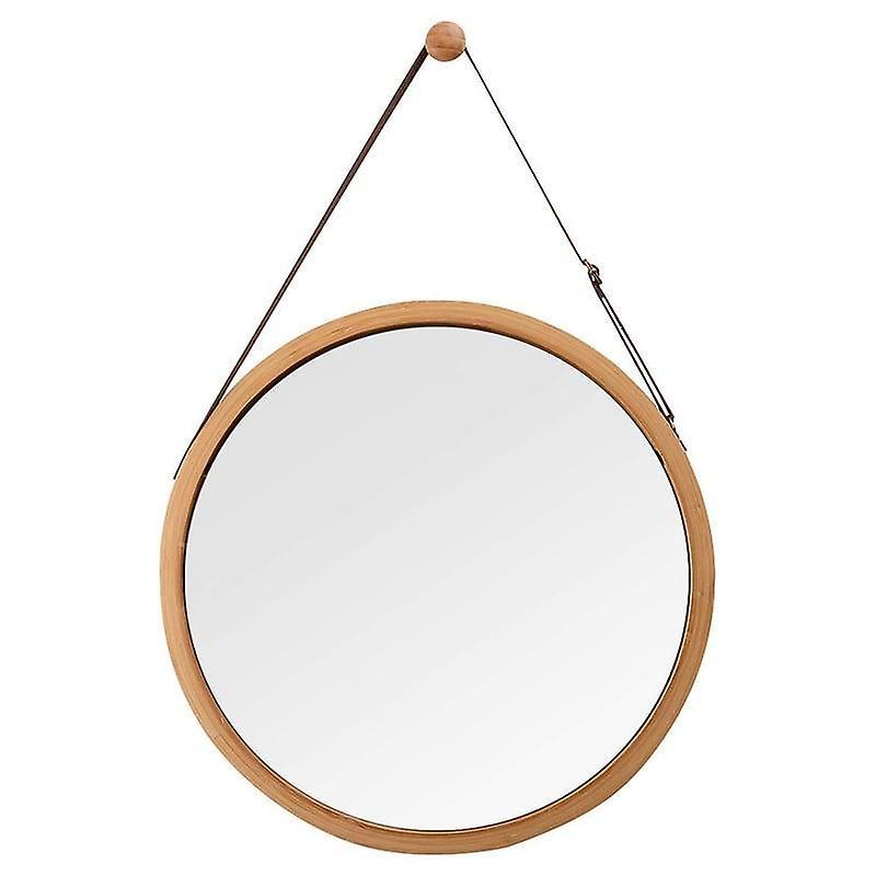 Slowmoose Hanging Round Wall Mirror- Solid Bamboo Frame & Adjustable Leather wooden