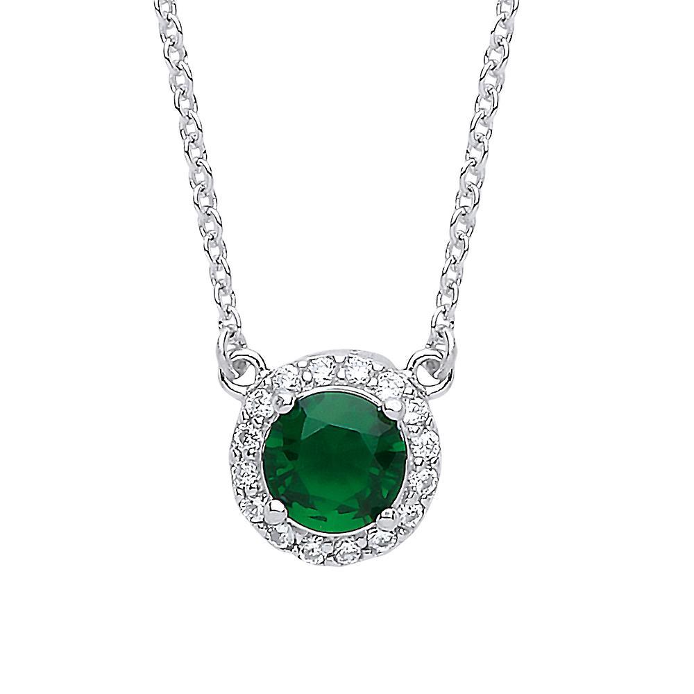 Silver Green CZ Solitaire Halo Charm Necklace 15 + 2 Inch - GVK158EM