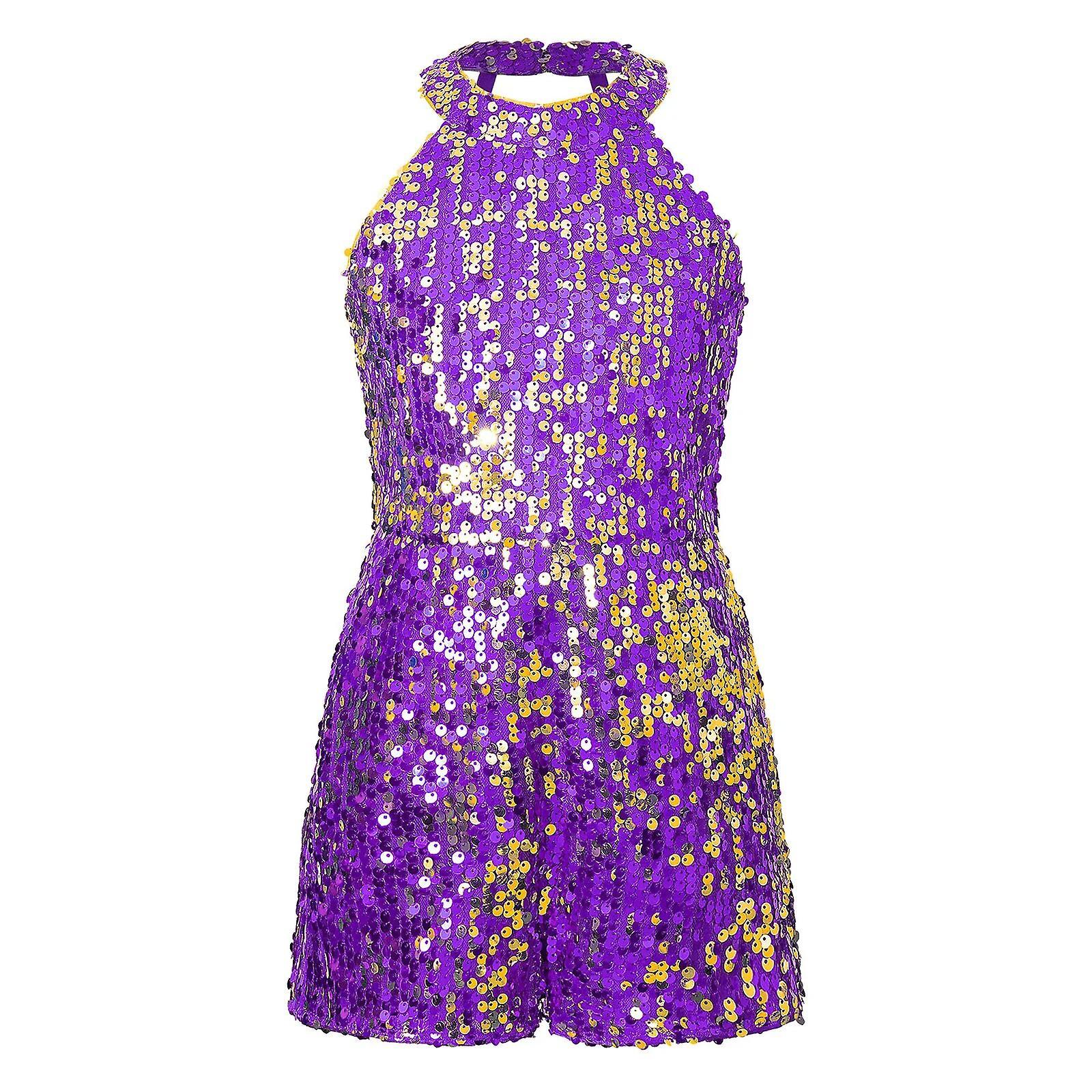 Aionyaaa Kids Halter Shiny Sequins Gymnastics Ballet Dance Shorty Unitard Teen Girls Performance Modern Jazz Latin Jazz Dance Costumes 8 Purple