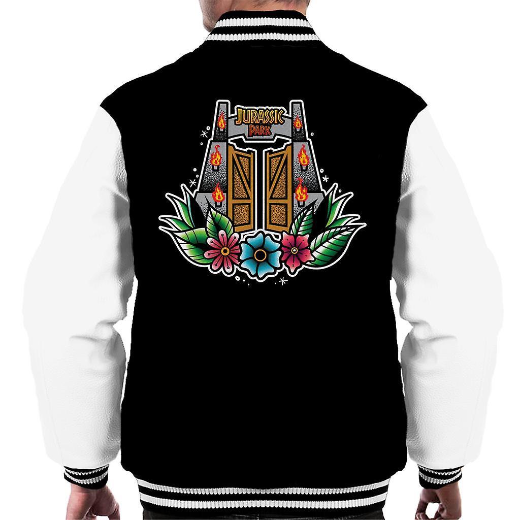 Jurassic Park Entrance Floral Aesthetic Men's Varsity Jacket Black/White X-Large