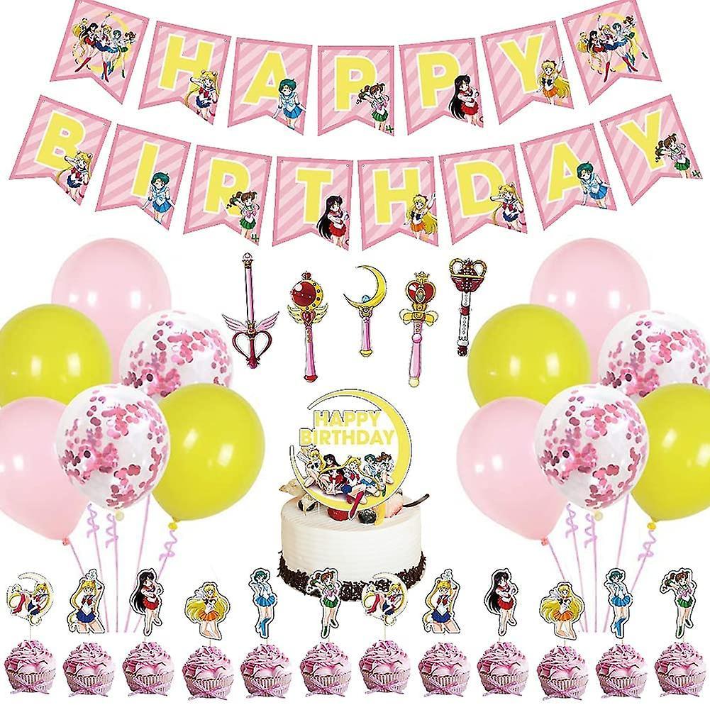 Liangnv Sailor Moon Birthday Party Supplies, 31 Pcs Moon Theme Party Decorations, Include Happy Birthday Banner, Cupcake Toppers, Balloons, Kids Pa...