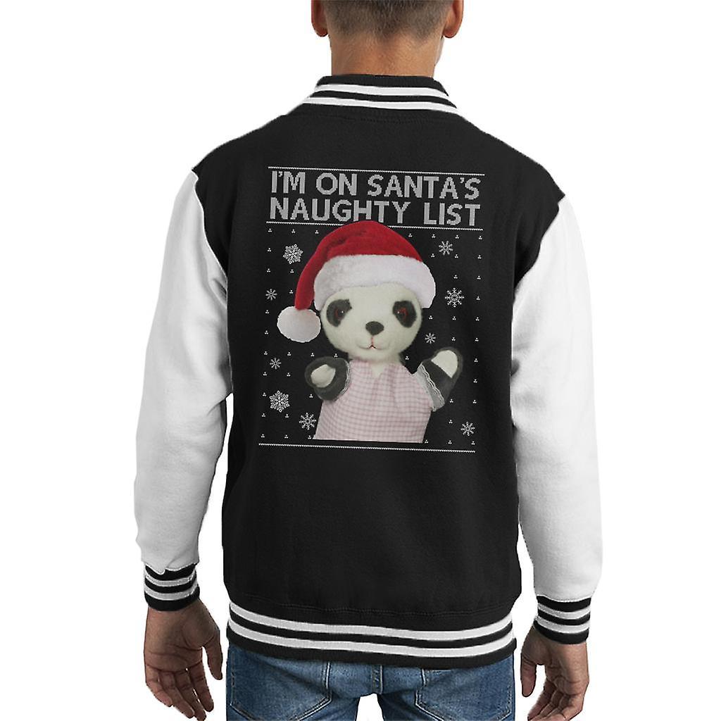 Sooty Christmas Soo Im On Santas Naughty List Kid's Varsity Jacket Black/White Medium (7-8 yrs)