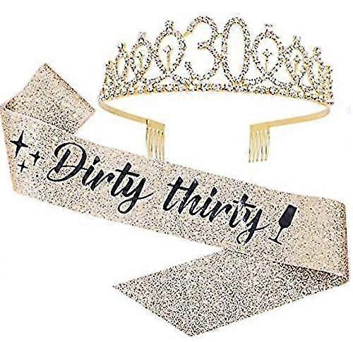 Linkrunning Dirty Thirty Sash & Rhinestone Crown Tiara Set rose/gold