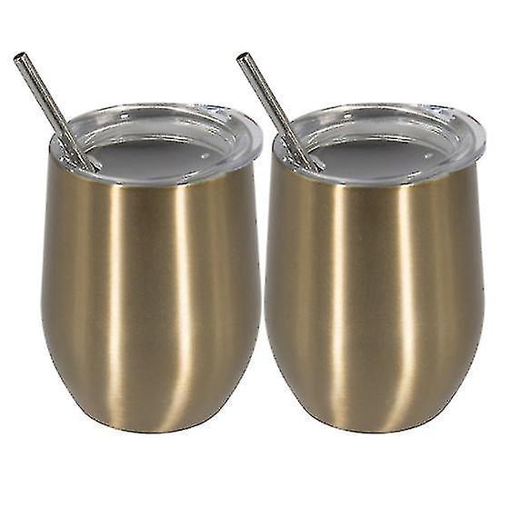 Tianzun Stainless Steel Insulated Flask, 350ml Steel Mug, 2 Pieces Coffee Mug With Straw(gold)