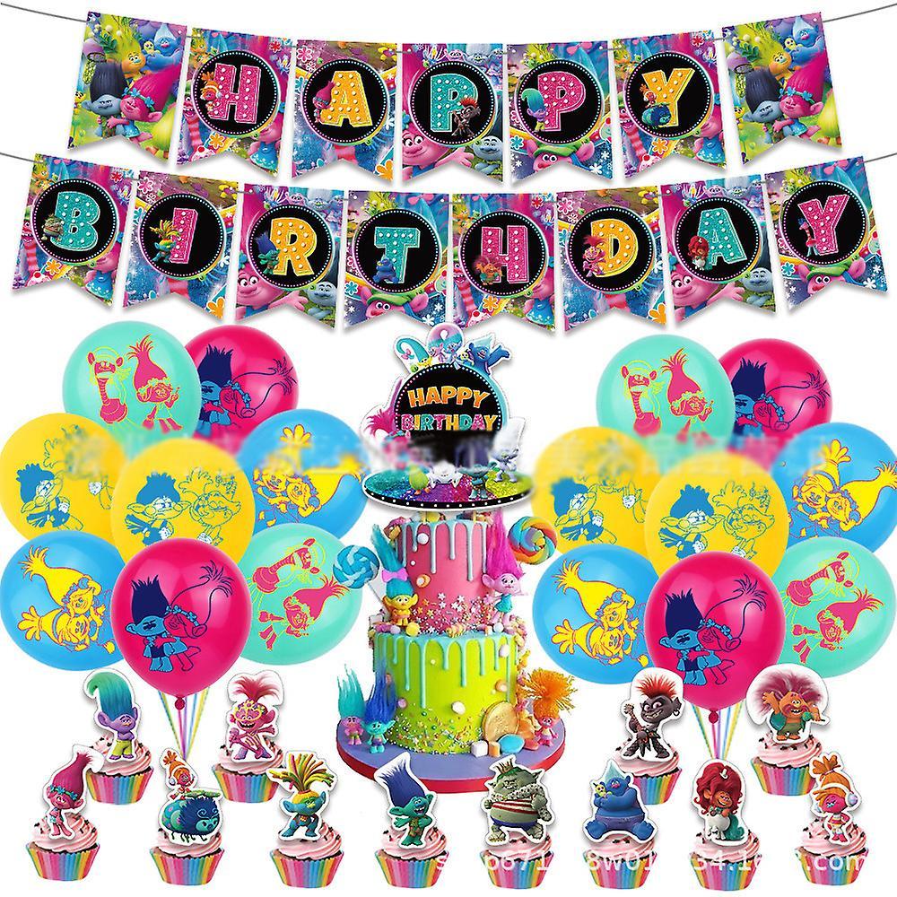 Eocici Trolls Theme Party Decoration Supplies Banner Balloons Cake Cupcake Toppers Set Props Gifts