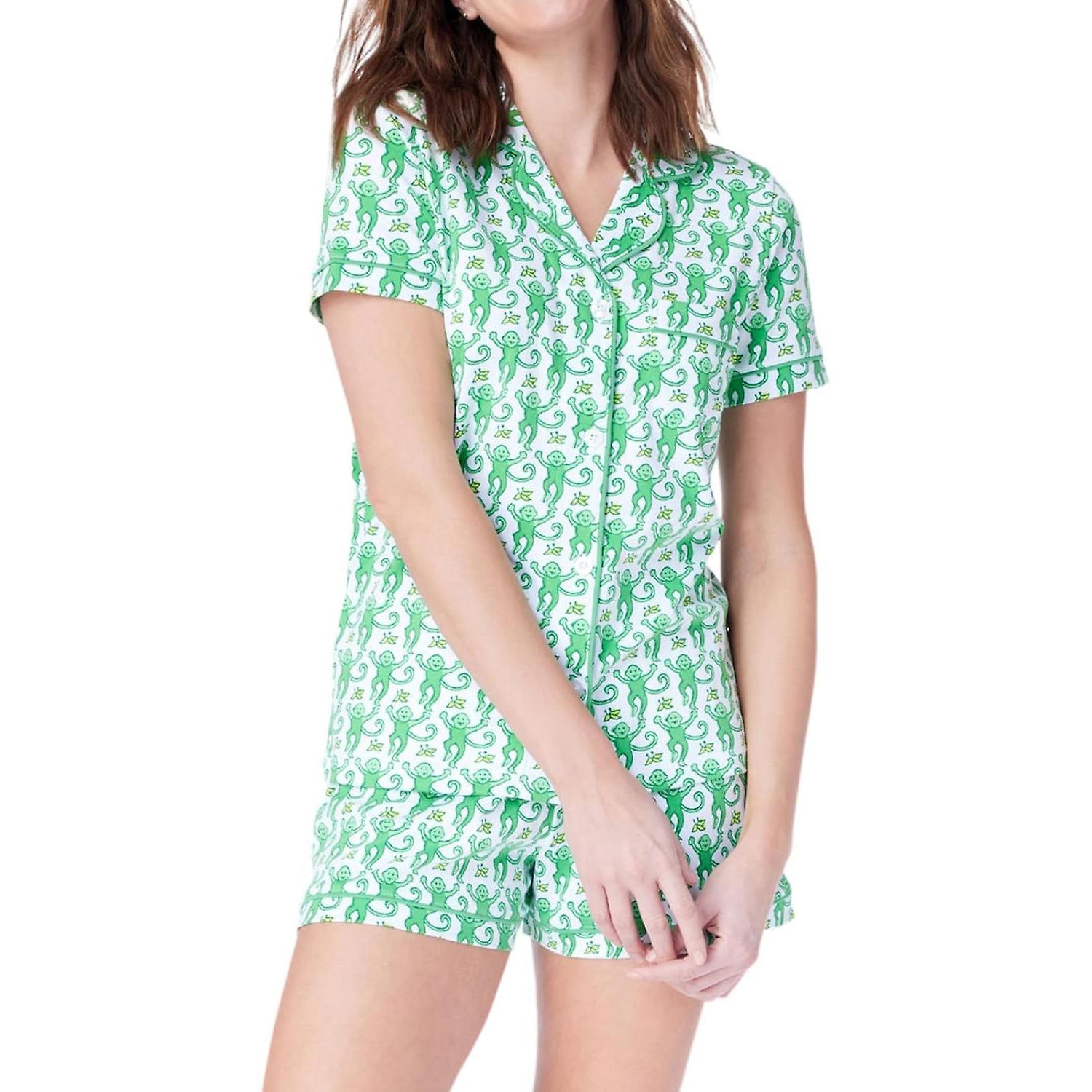 Waidfu Womens Pajamas Set 2 Piece Button Down Monkey Shorts Set Y2k Preppy Loungewear Pjs Green S