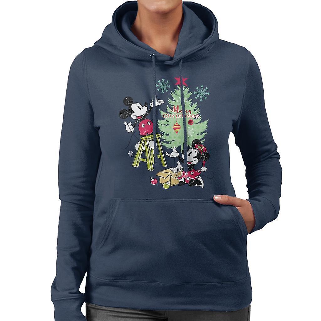 Disney Christmas Mickey And Minnie Mouse Decorating Women's Hooded Sweatshirt Navy Blue Medium