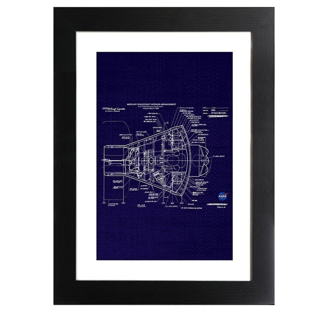 NASA Mercury Spacecraft Schematic Framed Print Navy Blue 39 x 52 cm