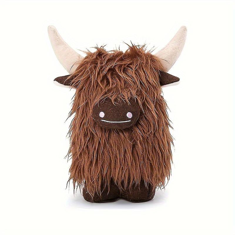 Wfuo Hot Selling Sitting Simulated Scottish Highland Cow Animal Plush Doll Longhaired Cow brown