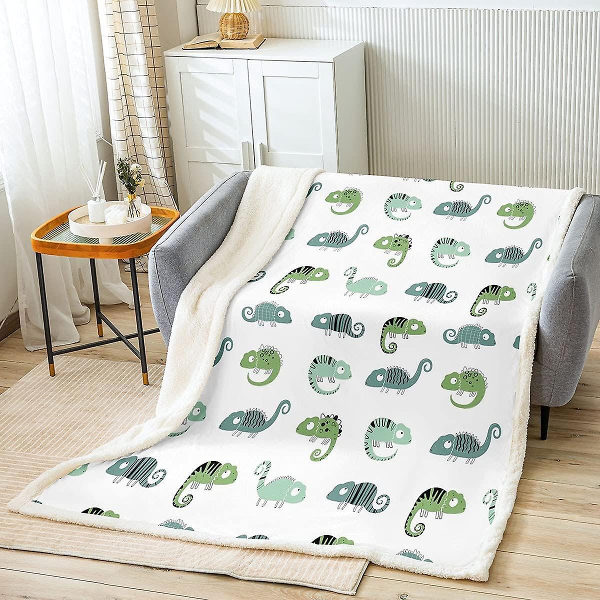 Kerota Chameleon Fleece Blanket Kawaii Tropical Animal Throw Blanket Green Cartoon Wildlife Sherpa Blanket For Bed Sofa Plush Fuzzy Blanket Double ...