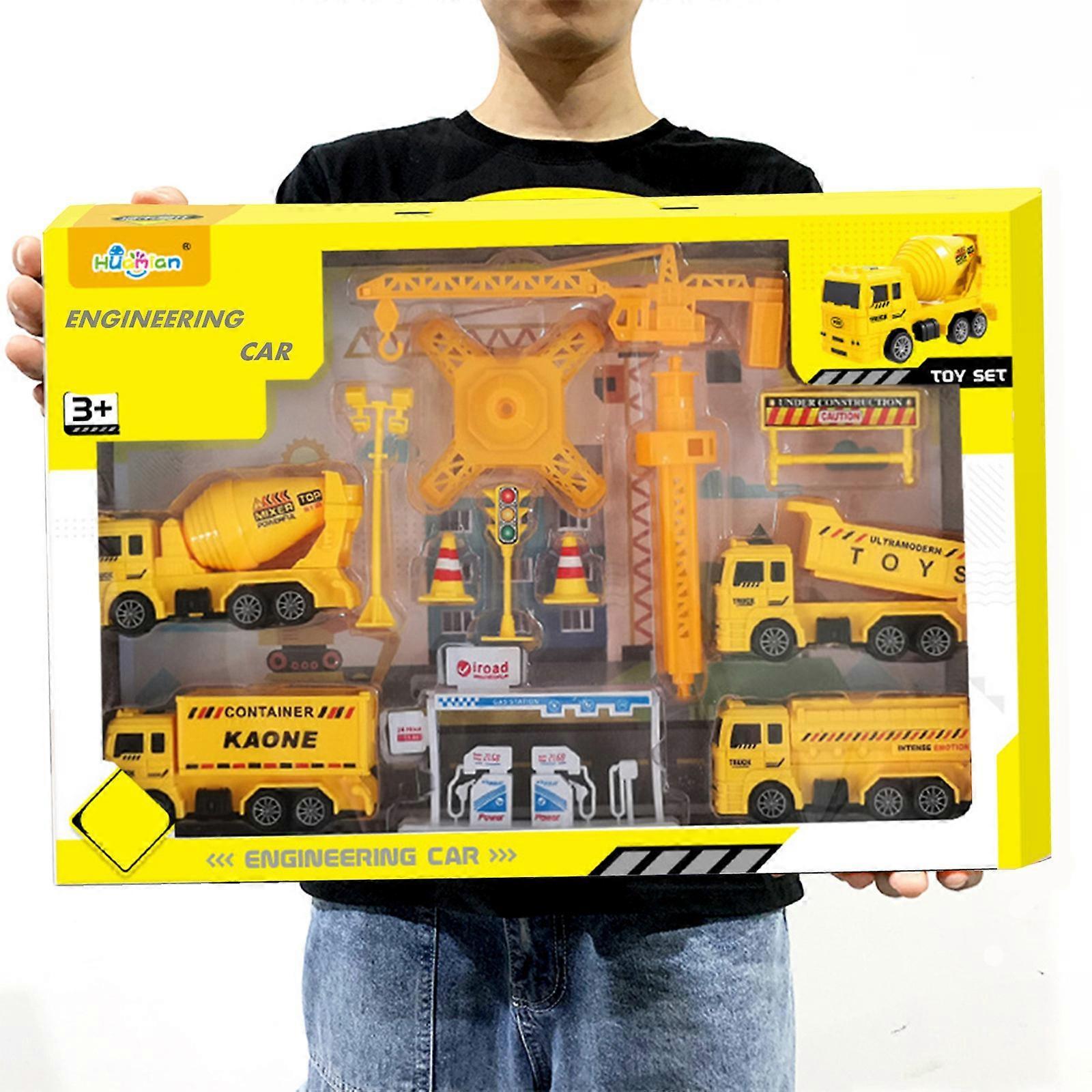 Flye Kids Construction Vehicles Playset ,-ane, Dump Truck, Cement, Tank, Educational Engineering Toy Set Birthday Gift For 3+ Year Old Boy Yellow