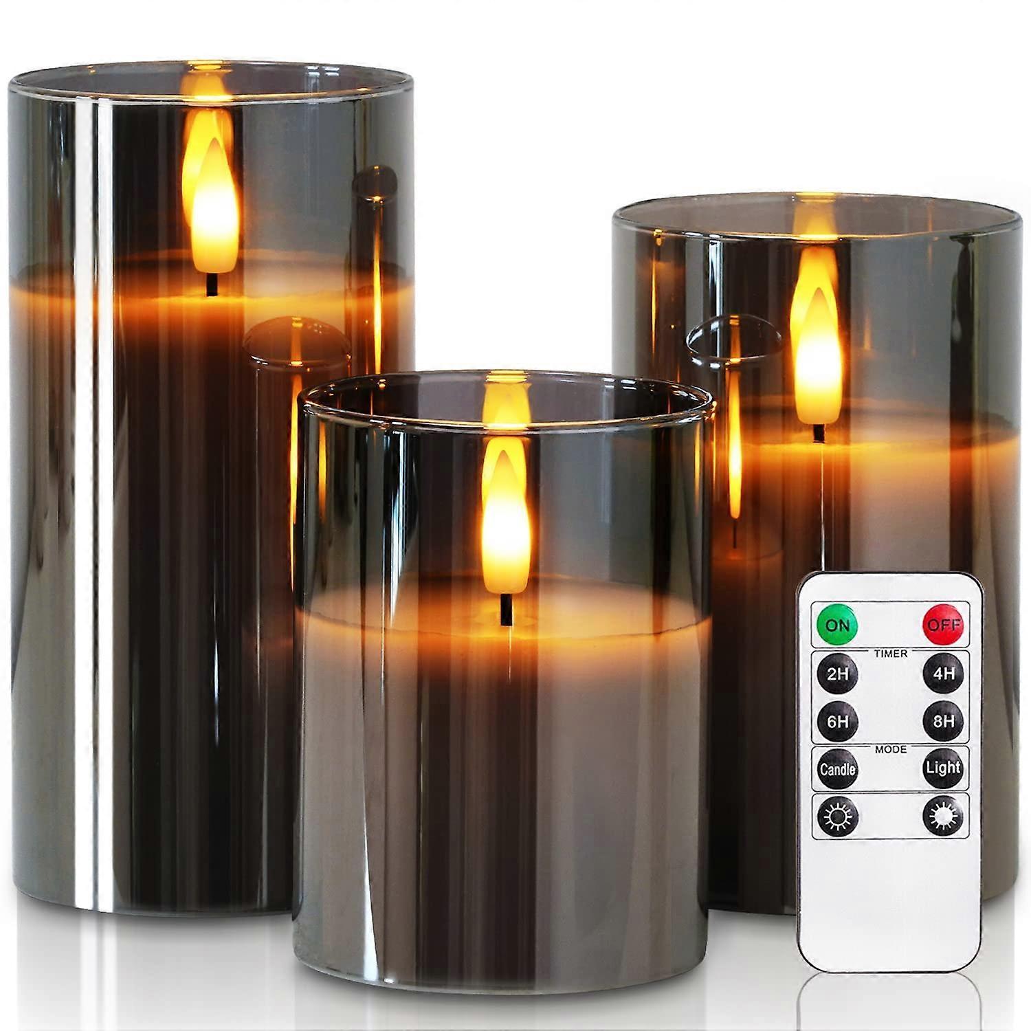 Changsha Liuzhou Electronic Commerce 3PCS Grey Glass Flameless Candles, Battery Operated LED Pillar Candles with Remote Control and Timer, Radiance...