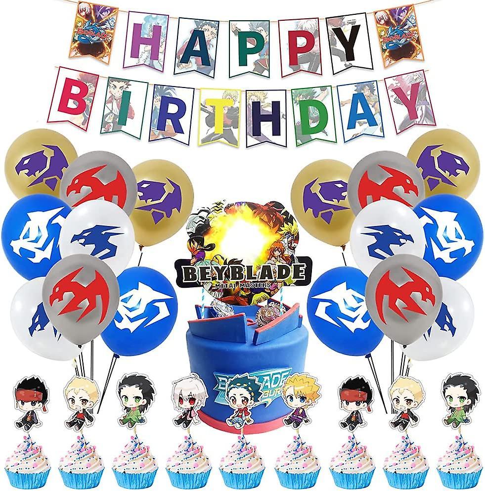 Ubiuo Beyblade Birthday Party Supplies, 46pcs Party Decoration Set Includes Supplies Banner 24 Cake Topper 20 Balloons For Beyblade Themed Birthday...