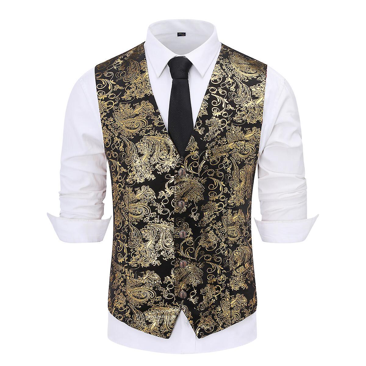 Sliktaa Mens Hipster Metallic Paisley Printed V-Neck Suit Vest Tuxedo Waistcoat Gold L