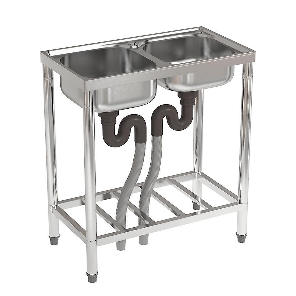 Living And Home Freestanding Two Compartment Stainless Steel Sink with Shelf