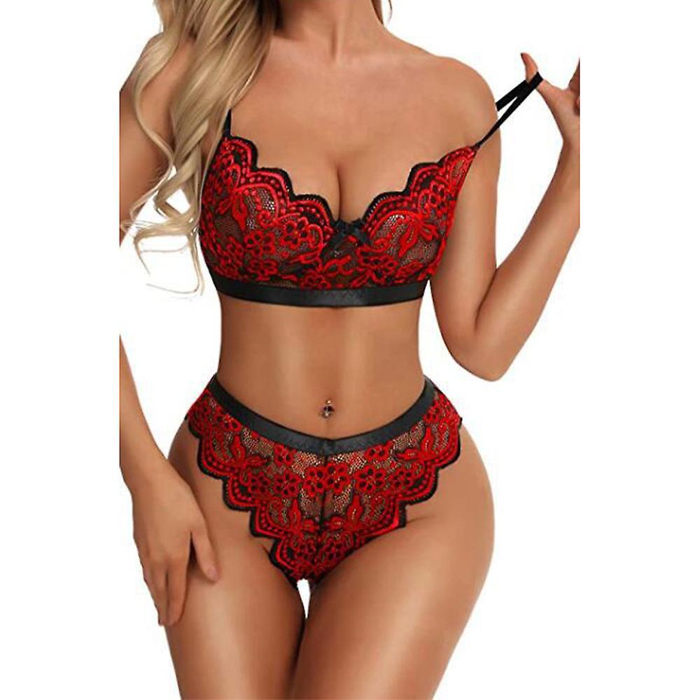 Bestdaily Women Sexy Lace Lingerie Babydoll Bra Briefs Underwear Nightwear Set Wine Red M