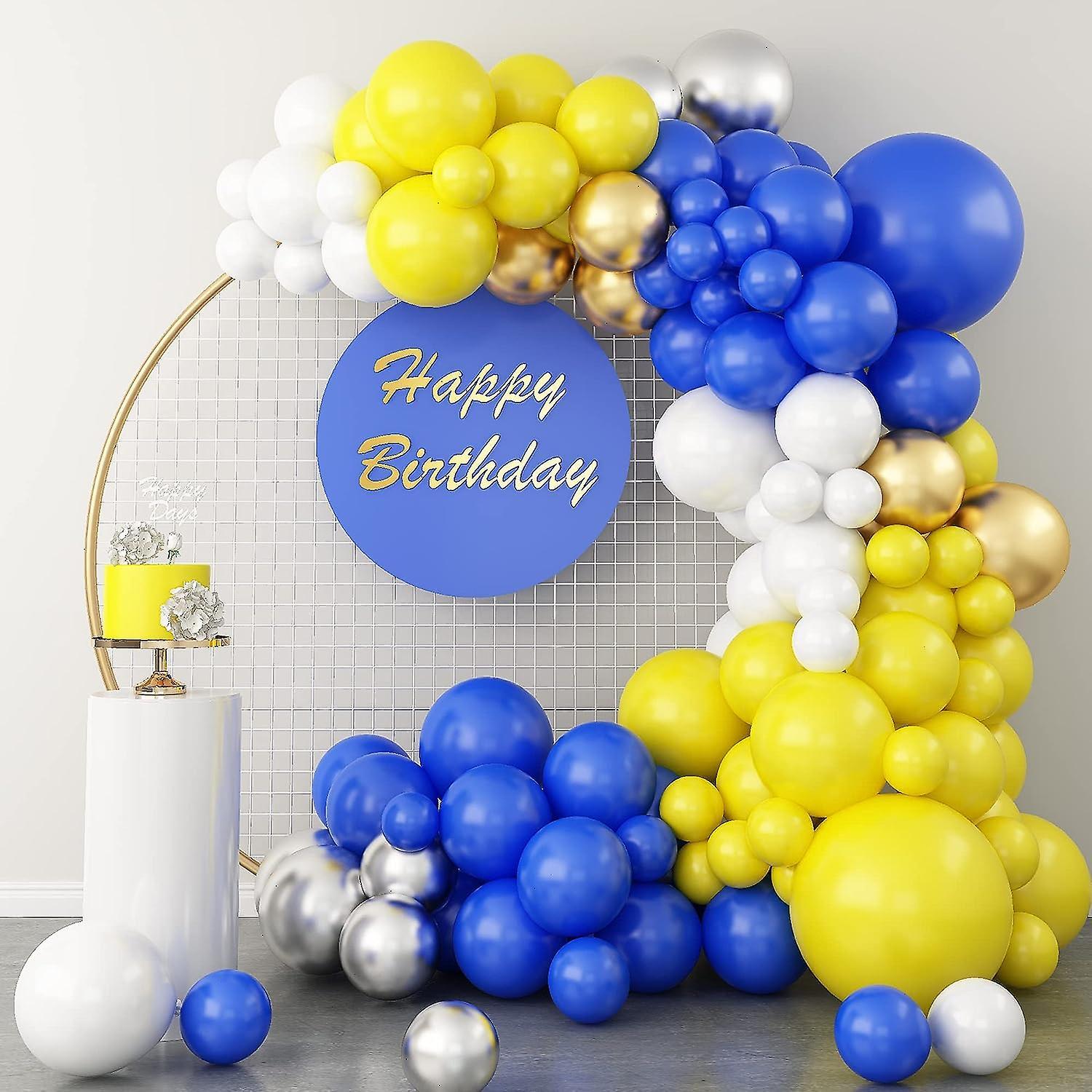 Heyone Blue Yellow White Balloon Garland Kit, 115 Pcs Metallic Gold And Silver Balloon Arch Kit, 5 10 12 18 Inch For Baby Shower Anniversary Birthd...