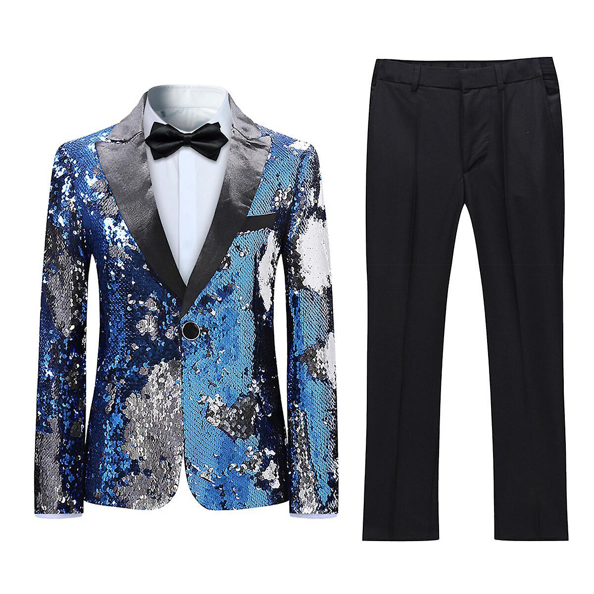 Sliktaa Boys 2Pce Shiny Sequin Party Dress Suit Blazer and Pants Blue 150CM