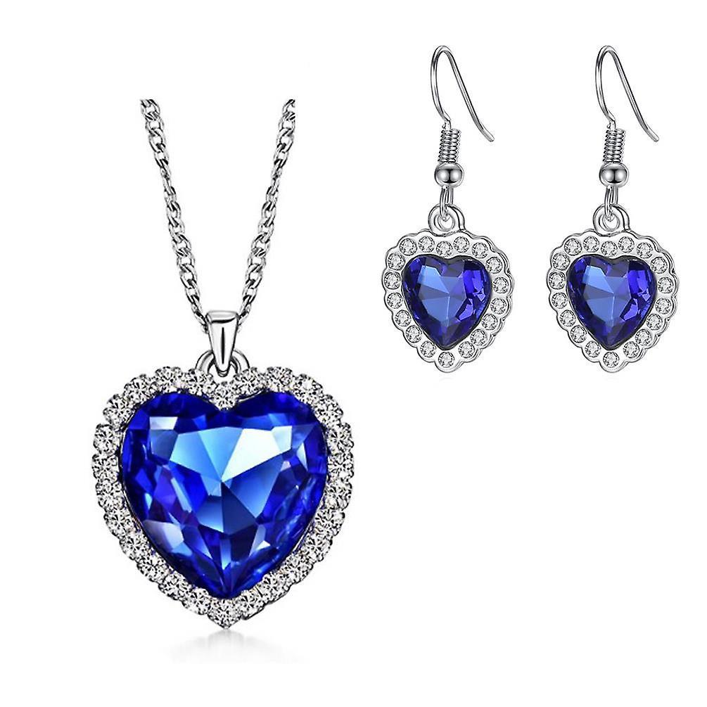 Charles William Women's Girls Blue Titanic Style Heart Ocean Necklace Earrings Set Crystal Elements