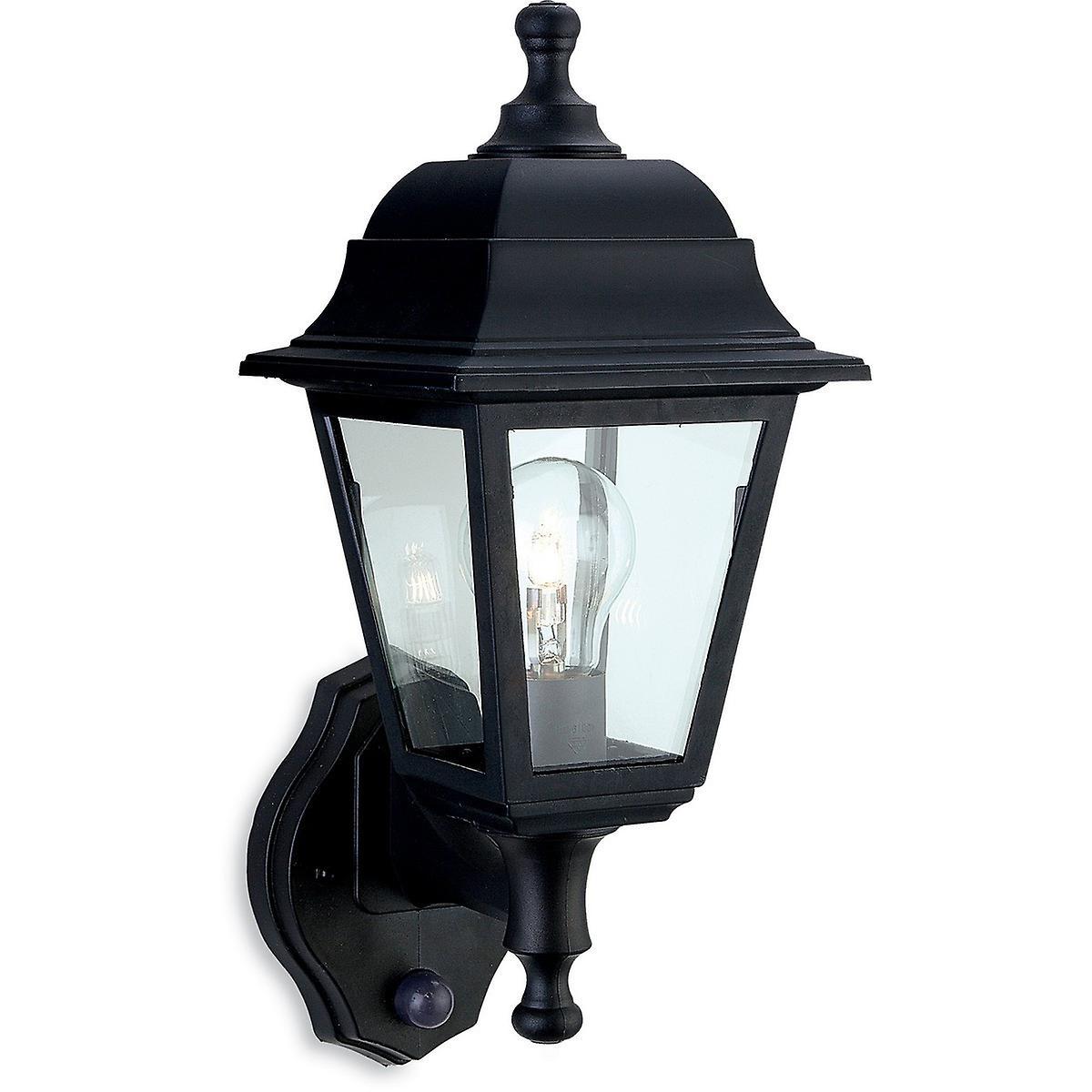 Oslo 1 Light Outdoor Wall Lantern Uplight With Pir Black Resin IP44 E27