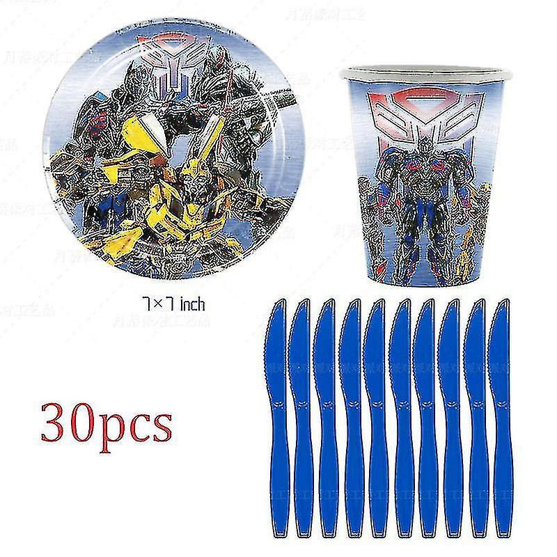 Sszfv Transformers Kids Party Supplies Optimus Prime Bumblebee Robot Birthday Decoration Number Balloon Banner Disposable Plates Cups 30pcs set-A