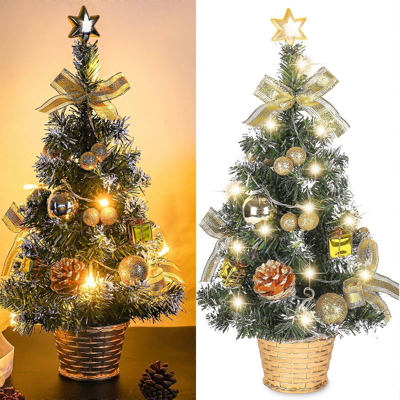 Tsim Mini Artificial Christmas Tree, Small Christmas Tree with LED Lights, Mini Tabletop Tree Decoration for Office, Bar, 40cm (Gold)