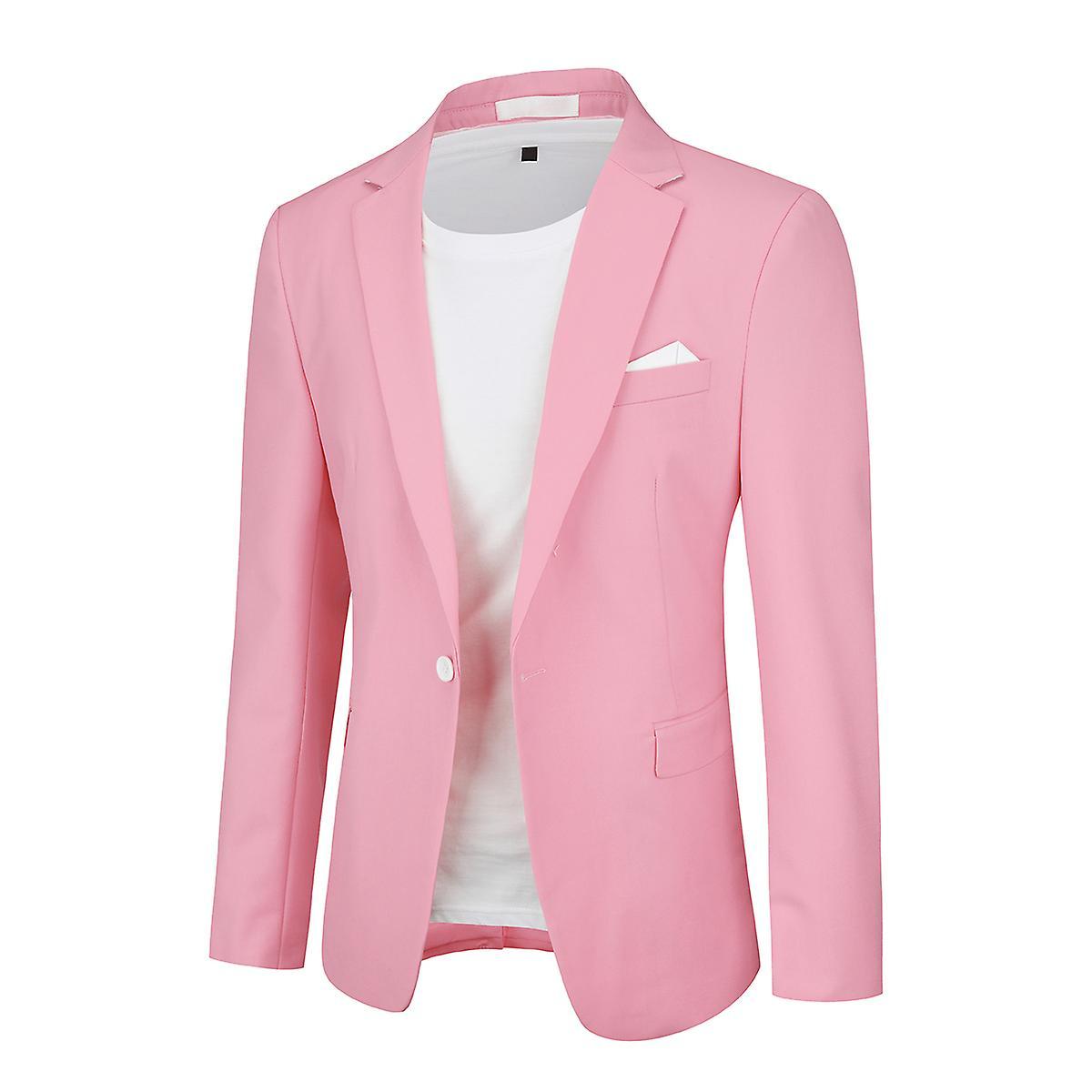 Yunclos Men's Classic Slim Fit Business Casual One Button Blazer Pink XL