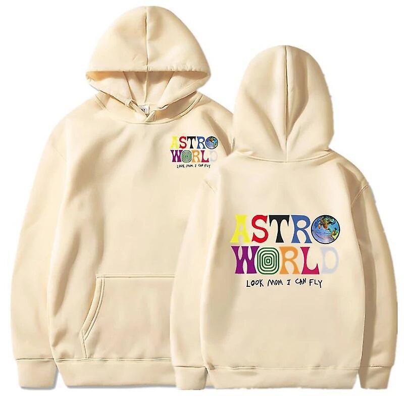 Dlelv Travis Scott Hoodies Men Look Mom I Can Fly Letter Printed Sweatshirts Women Fashion Astroworld Hooded Pullover Casual Sportwear Khaki XXL