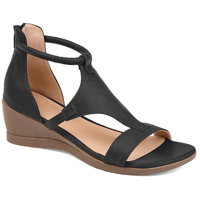 Le Contente Women Wedge Sandals Open Toe Leather Shoes Mid Heel Zipper Sandal Summer Casual Sandal Black 41